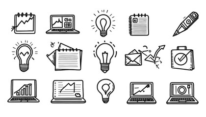 Dynamic collection of hand-drawn icons capturing business growth, innovative ideas, communication, and professional success for modern presentations and projects