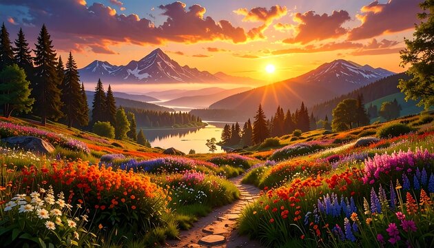 A vibrant sunset illuminates a mountain valley path. Wildflowers bloom in a meadow, and a lake reflects the sky