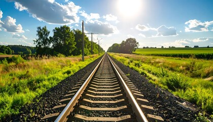 Fototapeta premium Sunny Day Railroad Tracks Through Lush Green Fields
