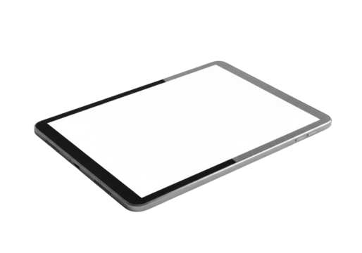 Modern black digital tablet with matte finish and silver trim, blank white screen, angled right on a transparent background with copy space, soft shadow, concept for digital content