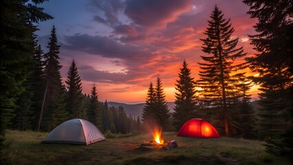 Spectacular Sunset Camping Adventure with Tents and Campfire in Nature