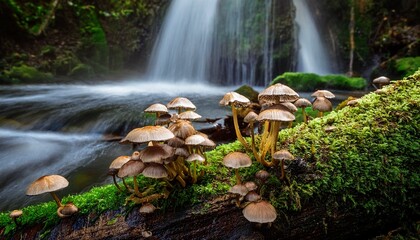 Close Up Of Wild Mushrooms Sprouting From A Decaying Tree Stump Surrounded By Moss And Flowing Water Near A Serene Forest Waterfall