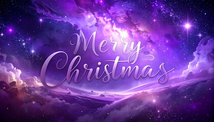 A celestial Christmas greeting, with a vibrant purple and violet cosmos background, featuring the words "Merry Christmas" in a elegant, script font.