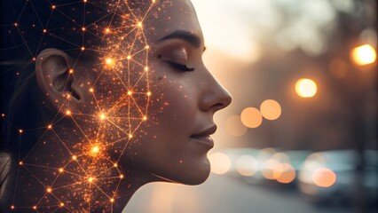 Woman with glowing interconnected network highlighting cognitive processes and connectivity