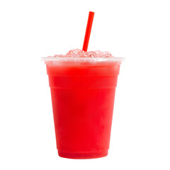 Photo of plastic cup filled with red icy slushy drink isolated on transparent background