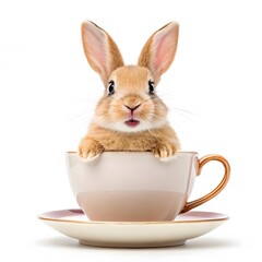 Fototapeta premium Adorable baby bunny peeking out of a teacup on a saucer