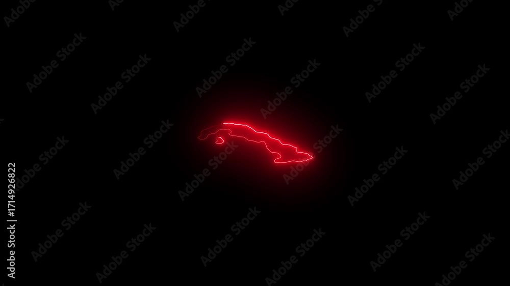 Poster glowing red neon outline map of cuba island nation digital animation dark background abstract geogra