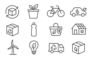 Set of 12 thin line icons for sustainability and eco practices, including recycling, compost, transport, renewable energy, and eco-friendly packaging.