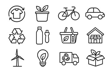 Collection of 12 linear eco icons: electric car, bicycle, solar house, reusable bottle, circular economy, and responsible consumption.