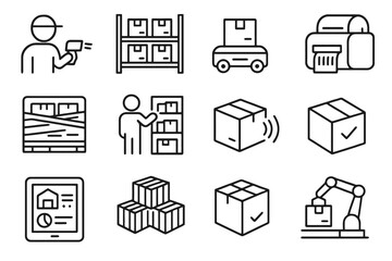 Set of 12 thin line icons for warehouse automation, including scanners, robots, printers, conveyors, dashboards, and item picking systems.