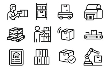 Collection of 12 linear warehouse icons: AGVs, barcode printers, shelves, tablets, checkmarked packages, shrink wrap pallets, and automation equipment.