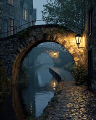 Enchanting Cobblestone Bridge Archway Illuminated by Vintage Lantern in Misty Canal Village.