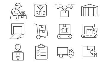 Set of 12 thin line icons for warehouse logistics, including packaging, drones, RFID tags, containers, docks, fragile labels, and reverse logistics.