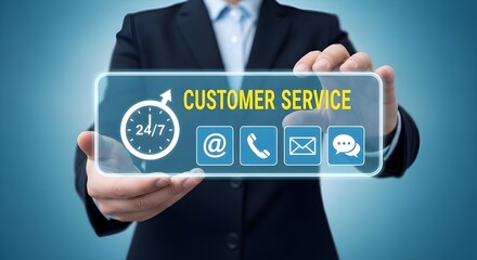 Person in a suit presenting customer service contact options on a transparent screen 