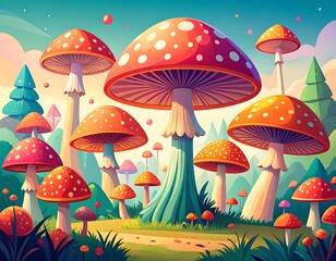 A vibrant fantasy landscape filled with towering, colorful mushrooms, set in a whimsical, dreamy forest.