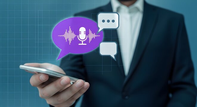 Man in a suit holding a smartphone with voice and text message icons