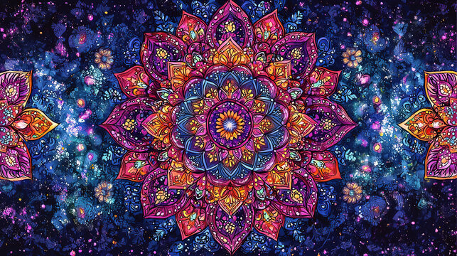 Bright and colorful mandala design featuring intricate patterns