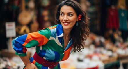 Smiling woman in colorful dress at vibrant market  
