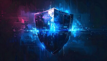 Cyber Threat Protection Texture with Pixelated Glitch Digital Shield – Dark Mode