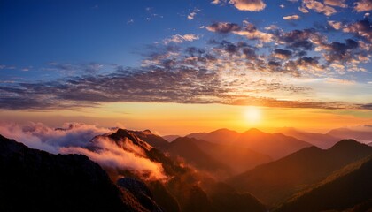 Obraz premium Beautiful Bright Sunrise Sky With Clouds Over Mountain Range