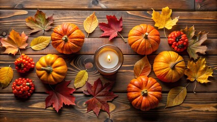 A cozy autumn scene with small pumpkins, vibrant fall leaves, and a lit candle arranged on a rustic wooden surface, evoking warmth and seasonal ambiance
