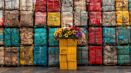 Bright yellow flower arrangement stands out against colorful rec
