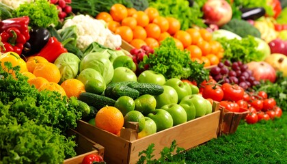 Fresh produce overflowing from wooden crates
