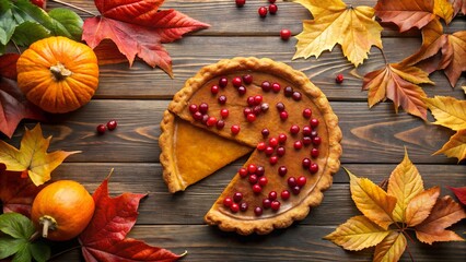 A delicious slice of pumpkin pie topped with cranberries, surrounded by colorful autumn leaves and small pumpkins on a weathered wooden table