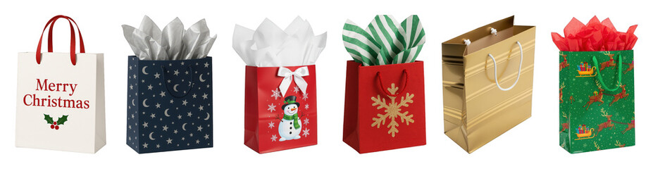 Festive gift bag set including red, green, gold, and navy designs with tissue paper isolated. Christmas shopping and gift presentation.