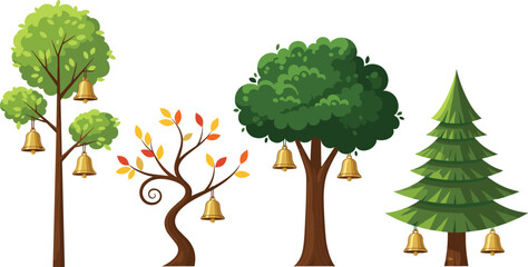 Beautiful festive trees decorated with golden bells, holiday celebration vector illustration, Christmas design, seasonal decoration, festive nature, winter celebration, art