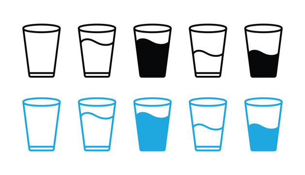 Water glass icon vector set in blue and back flat outline. Drink glass line pictogram. Water glass vector icon set. tall full, half and empty milk or water glass sign.