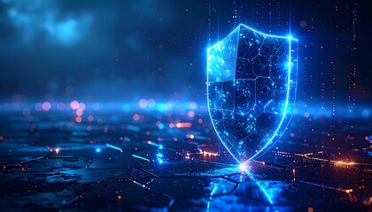 Cybersecurity background with abstract digital shield, glowing blue hexagon grid