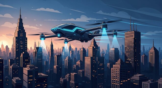 Drone over cityscape.
