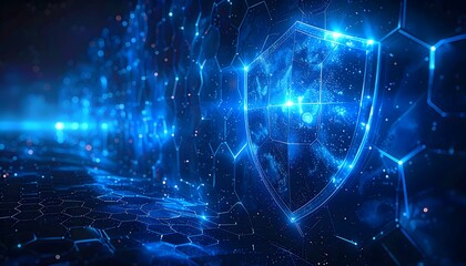 Cybersecurity background with abstract digital shield, glowing blue hexagon grid