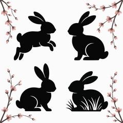 Set of Easter Bunny Silhouettes with Floral Elements