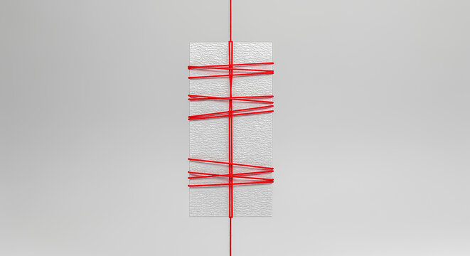 Creative minimal gift packaging with white box wrapped in red string ribbon, stylish design for special occasions, holidays, and events