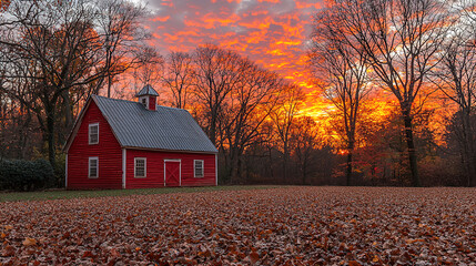 Red barn surrounded by fallen leaves under a vibrant sunset in a