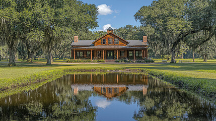 Scenic wooden house by the pond surrounded by green trees under
