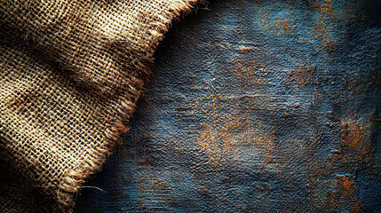 Rustic burlap texture drapes over a weathered blue background sh