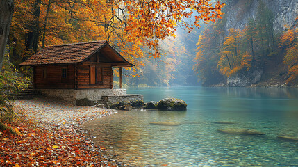 Serene wooden cabin by the river in a vibrant autumn landscape w
