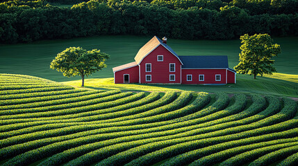 Red barn stands proudly amidst lush green fields in rural landsc