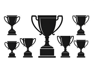A collection of various sized trophies, presented in a simple silhouette style.