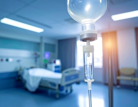 A medical iv drip hangs in a hospital room, focusing on the clear plastic bag and tube.