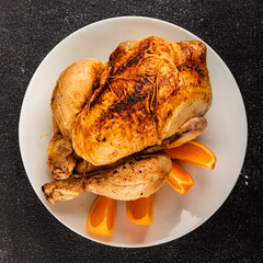 Baked chicken with oranges whole grilled chicken christmas holiday dish new year natural product tasty snack fresh delicious gourmet food background on the table rustic top view copy space