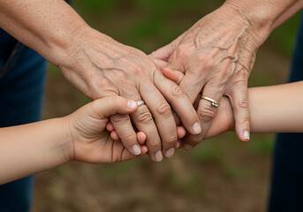 A touching close-up of three generations of hands, from child to grandmother, clasped together in a symbol of family love, unity, and support