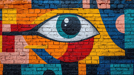 Colorful street mural featuring an eye surrounded by abstract sh