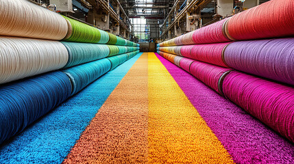 Colorful rolls of yarn arranged in a vibrant pattern in a textil