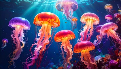 Vibrant jellyfish, glowing in a rich underwater scene, illuminated by sunlight.