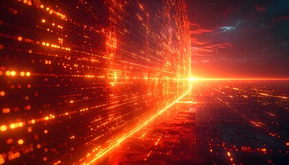 Digital Firewall Concept Background with Glowing Lines and Red-Orange Gradient