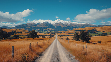 Scenic dirt road leading to snow-capped mountains on a sunny day